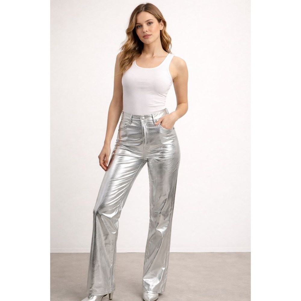 High-Rise Silver Metallic Wide-Leg Trousers
